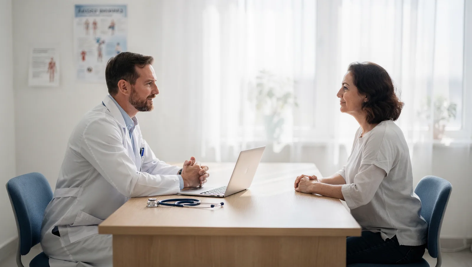 Doctor consulting a seated patient at a desk in a bright consultation room of the medical center