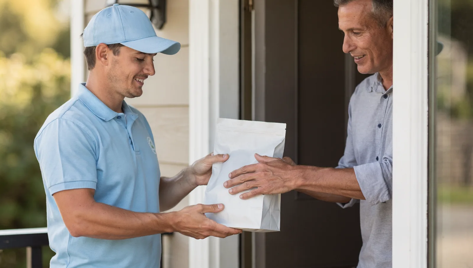Pharmacy courier in a light blue uniform handing a sealed white medicine bag to a customer at their front door