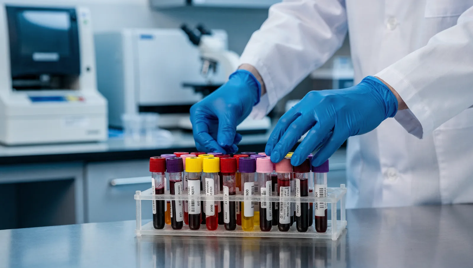 Laboratory technician in gloves handling labelled blood sample tubes in a rack at the diagnostic lab
