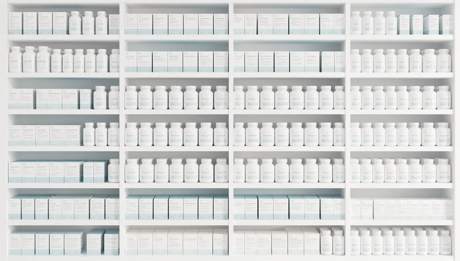 Neatly organised pharmacy shelves filled with squared-off medicine boxes and supplement bottles