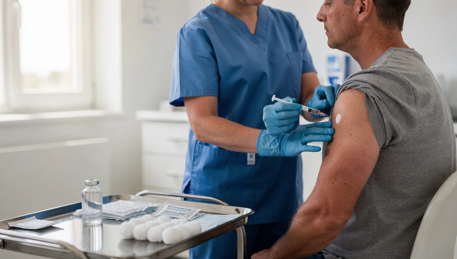 Nurse in blue scrubs giving a vaccine injection in the upper arm of an adult patient
